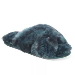 Jenni Womens Crisscross Faux Fur Slippers Funky Leopard Green Small New